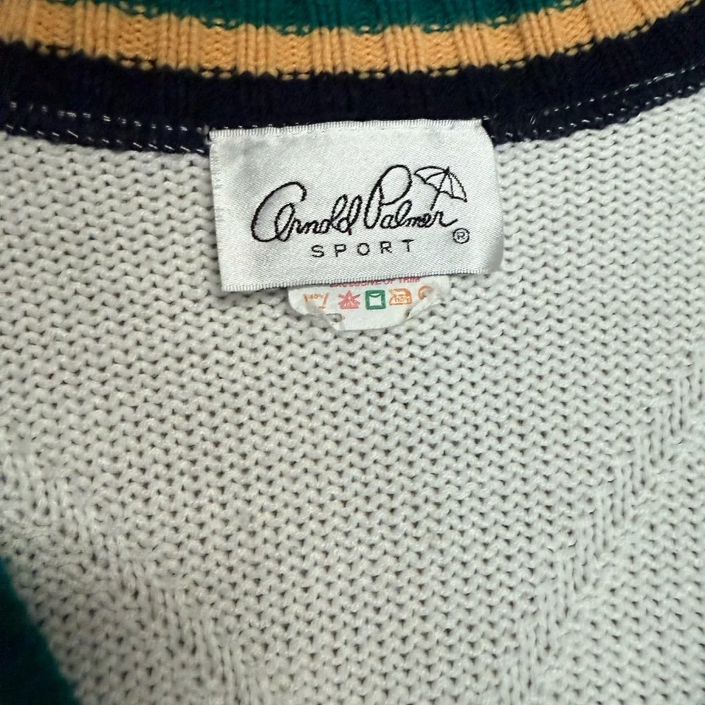 Vtg Arnold Palmer White Cardigan Sweater with Striped Trim - Picture 6 of 8